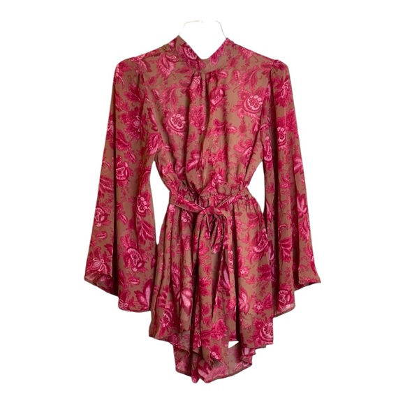 Free People Homemade Imani Floral Bell Sleeve Open Back Romper Dress Pink Medium - Picture 2 of 9